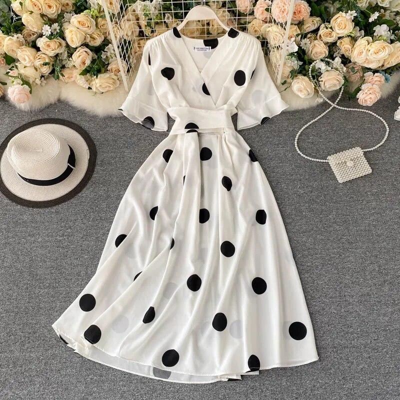 Abito da Donna alla Moda con Stampa a Pois Estivo Elegante Vintage Fasciatura Vita Sottile Ampia Gonna Lunga da Festa