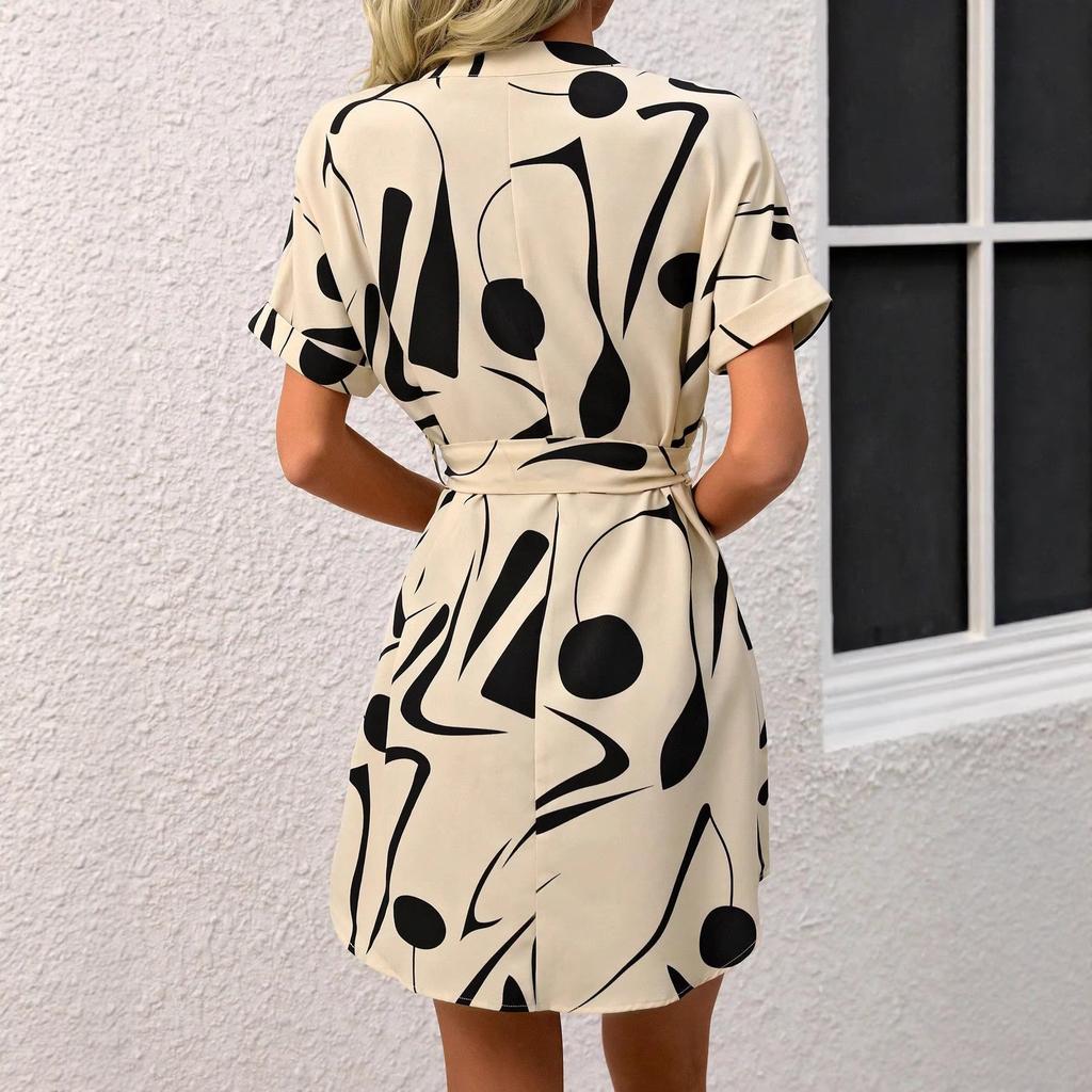 2026 European and American Dress V-neck Lace-up Short-sleeved Comfortable Casual Skirt FBA Delivery