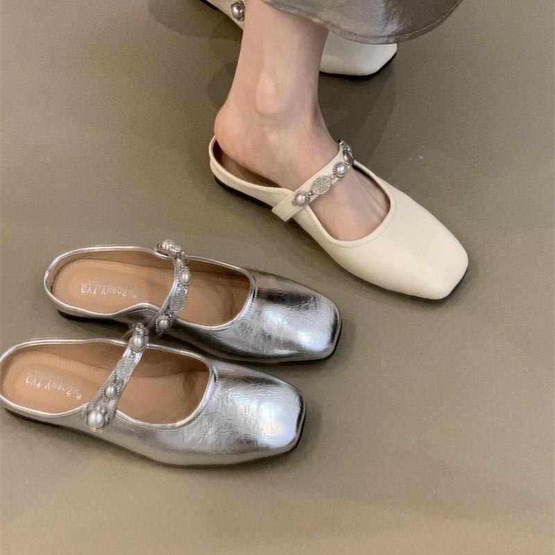 Baotou Half Slippers Women's Outer Wear 2025 New French Temperament Elegant Silver Square Head One Pedal Mary Jane Shoes