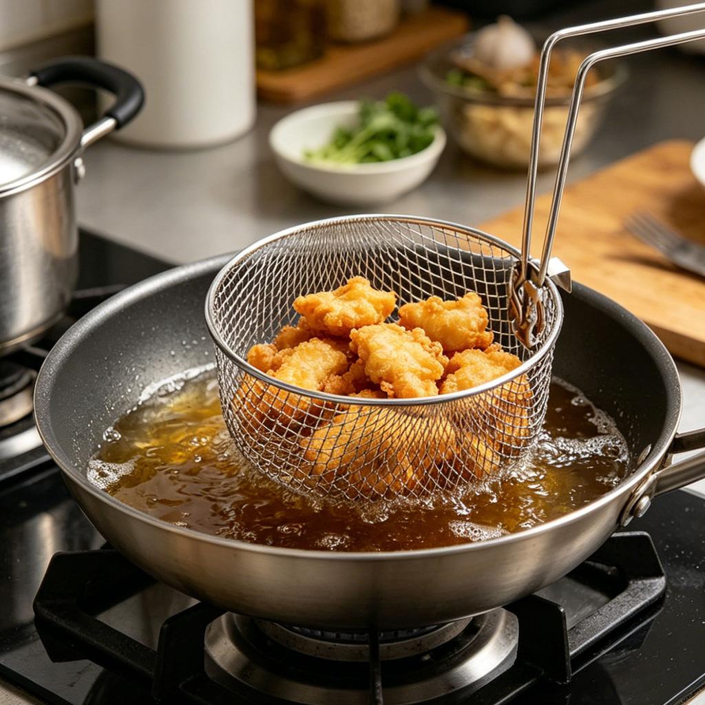 Cestello per Frittura da 2L in Acciaio Inossidabile a Filo Tondo con Manico Antiscivolo Multiuso per Uso Commerciale Cucina di Casa