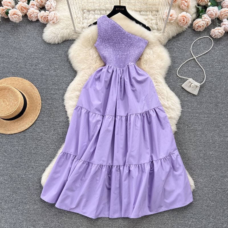 

Accessible Luxury Socialite Style Diagonal Collar Summer Sling Dress Purple One size