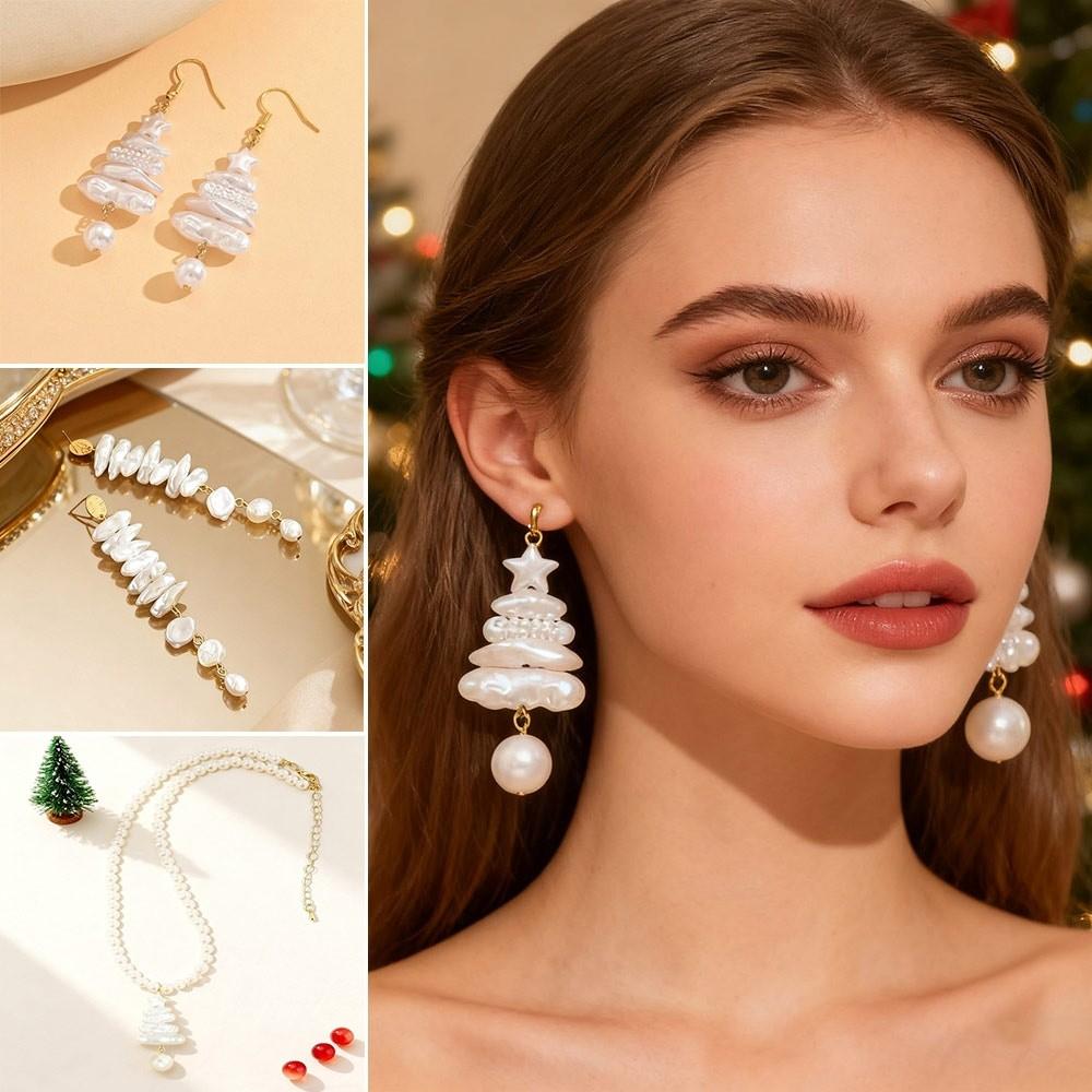 Irregular Pearl Drop Earrings Pearl Flower Christmas Tree Necklace Jewelry Accessories