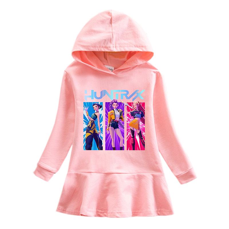 Kpop Demon Hunter Girls' Rainbow Ruffle Hooded Dress – Long Sleeve Princess Style for Spring & Autumn