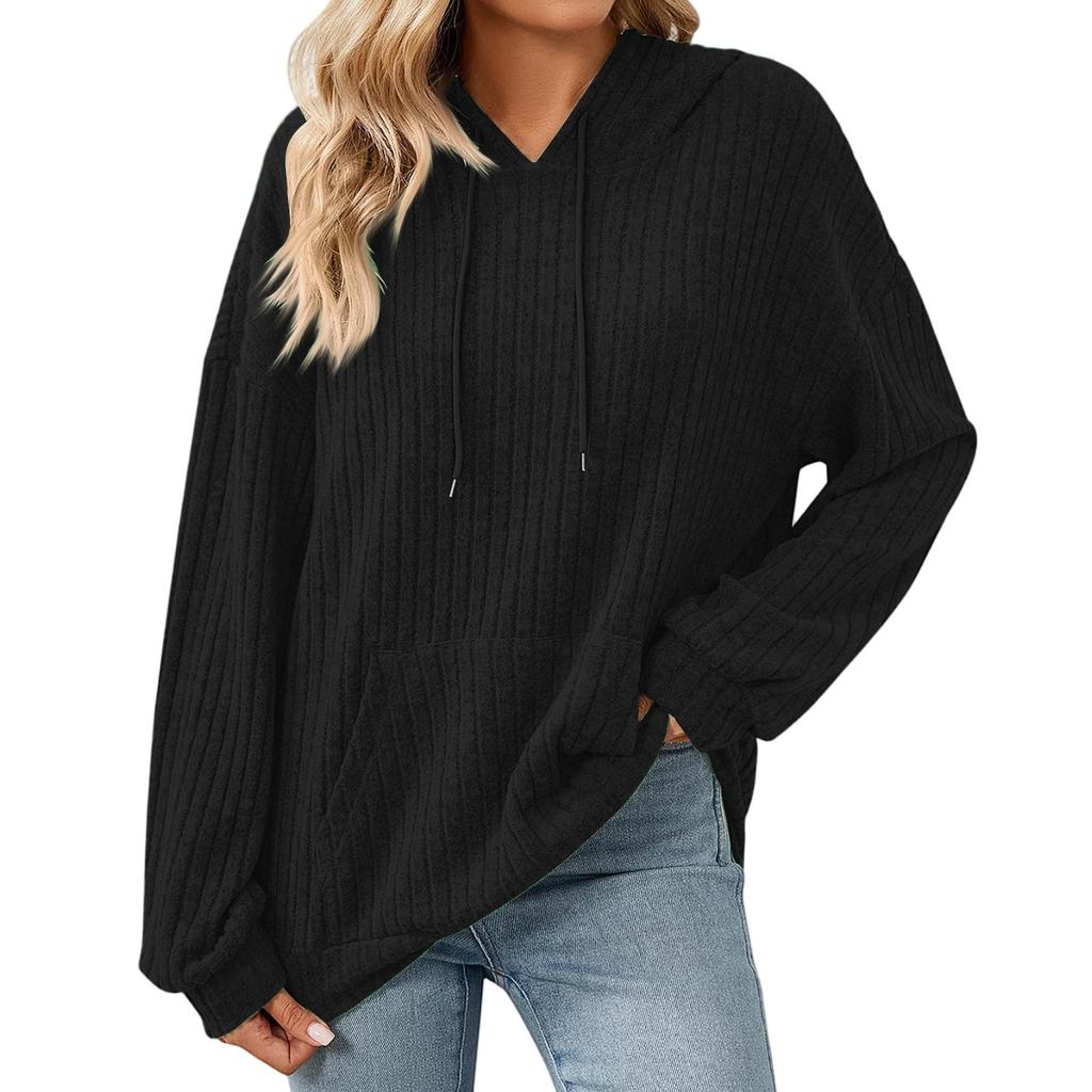 Damen Modischer Lockerer Langärmliger Kapuzenpullover mit Kordelzug und Tasche, Einfarbiges Oberteil