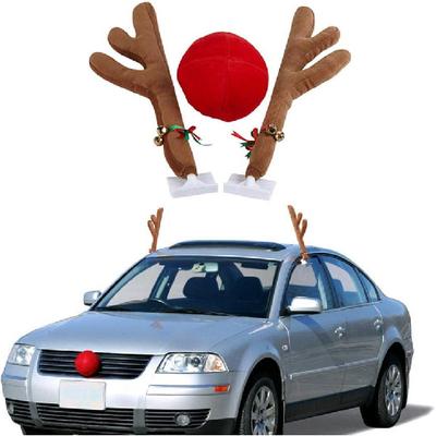 Christmas Car Reindeer Antlers And Nose Decorations Kit Vehicle Costume Plush Rudolf Red Nose Deer Antlers Auto Accessories