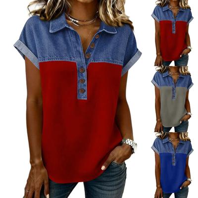 Denim Patchwork Shirts For Women Stand Collar Casual Blouse Short Sleeve Comfy Tshirt Spring Summer Fashion