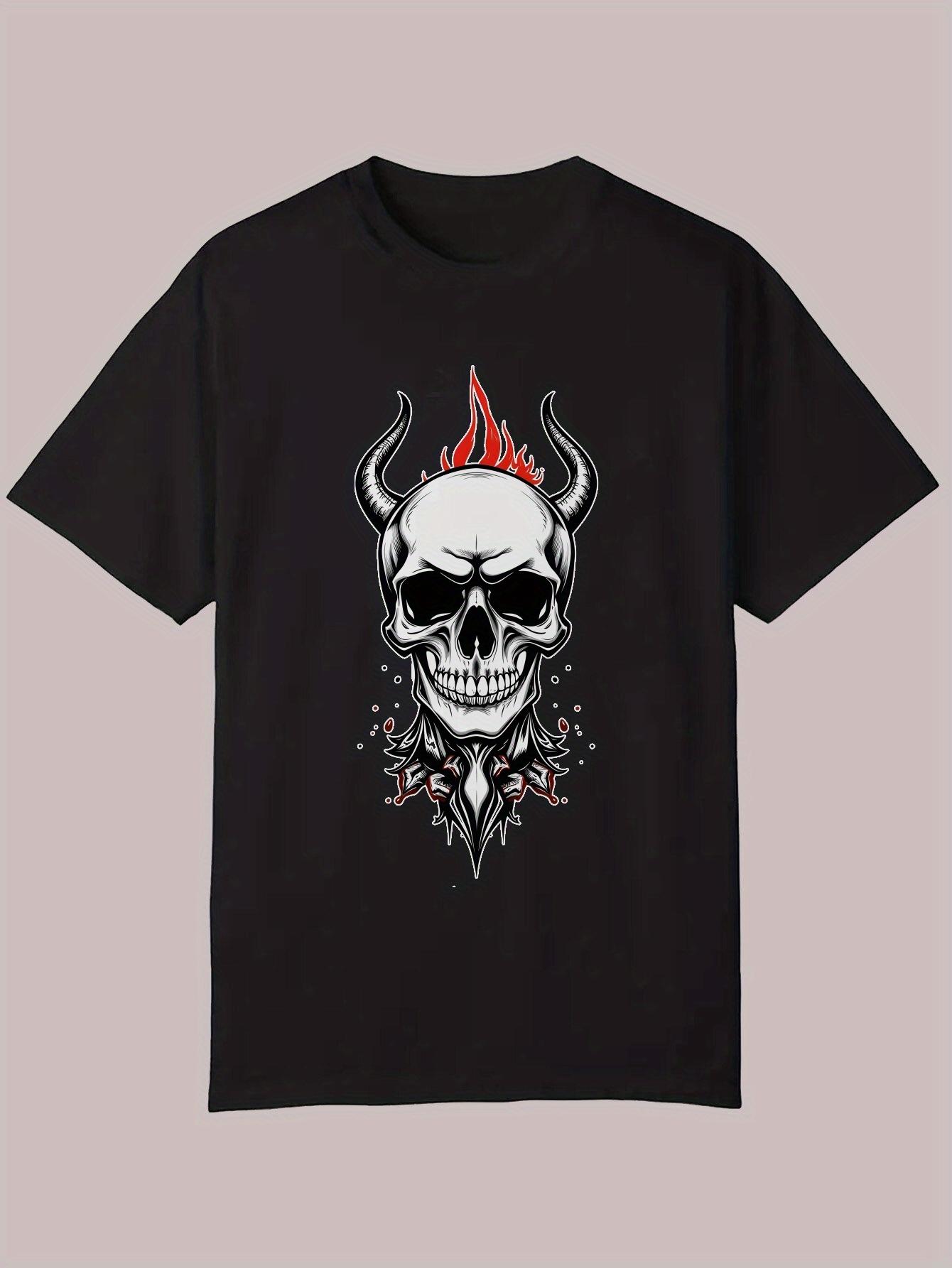 Graphic Print Casual T-shirt - Edgy Skull & Flames Design XXXXL
