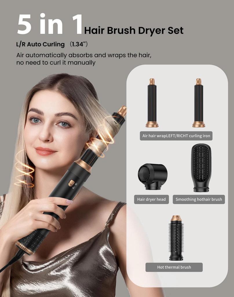 New Multi-Functional 5-in-1 Hair Dryer & Hot Air Brush with Adjustable Temp & Auto Curling