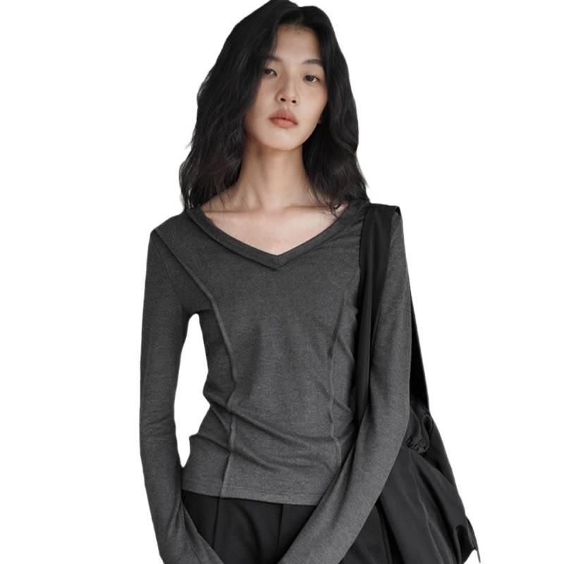 Women's Gray Drop-Shoulder Slim-Fit Fishbone Long-Sleeve Tee, New Autumn Design