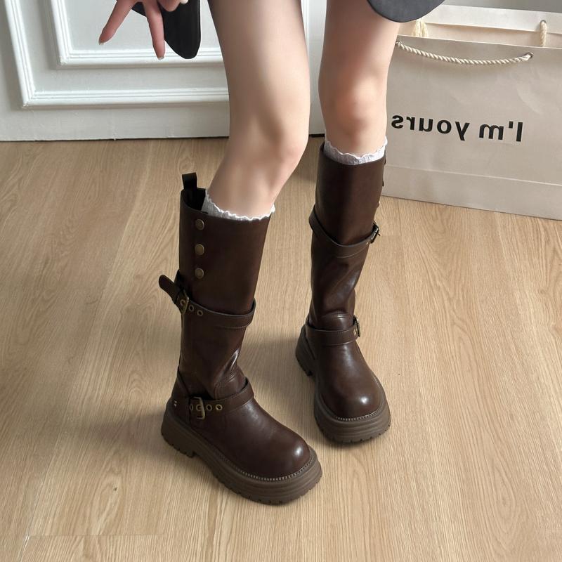 Fashion Autumn Winter Platform Thick Bottom Woman Knee High Boots Shoes Ladies Elegant Belt Buckle Western Cowboy Botas