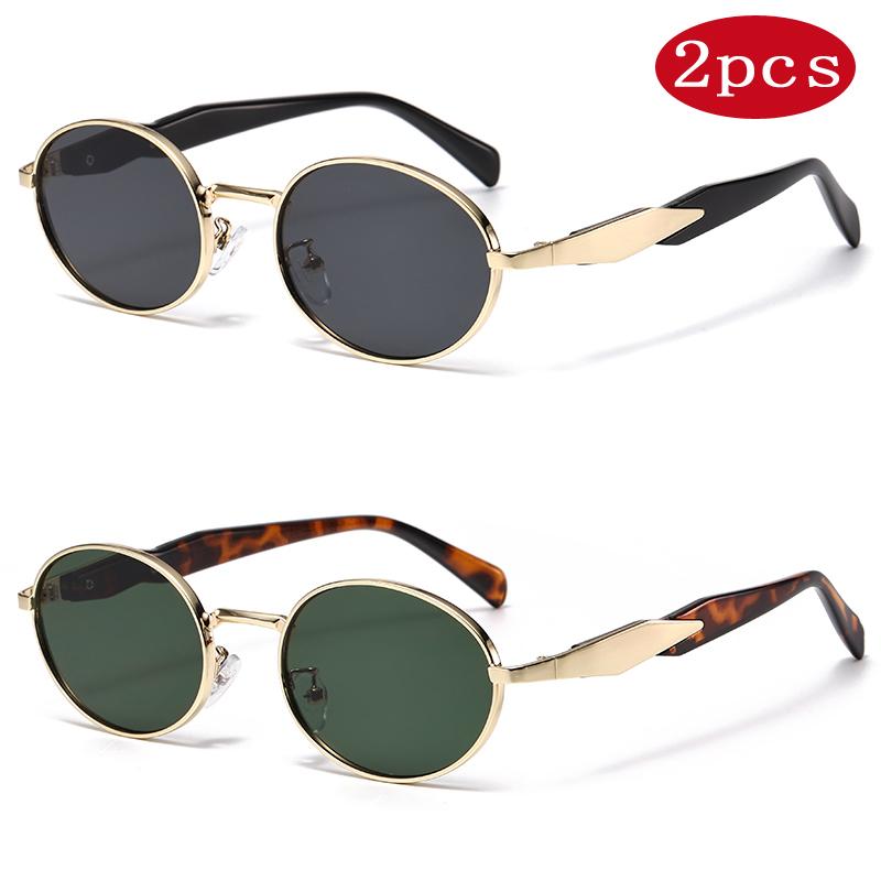 2pcs New Women Oval Sunglasses Casual Metal Sun Glasses Fashion Outdoor Retro Trend Street Eyewear High End Eyeglasses Uv400