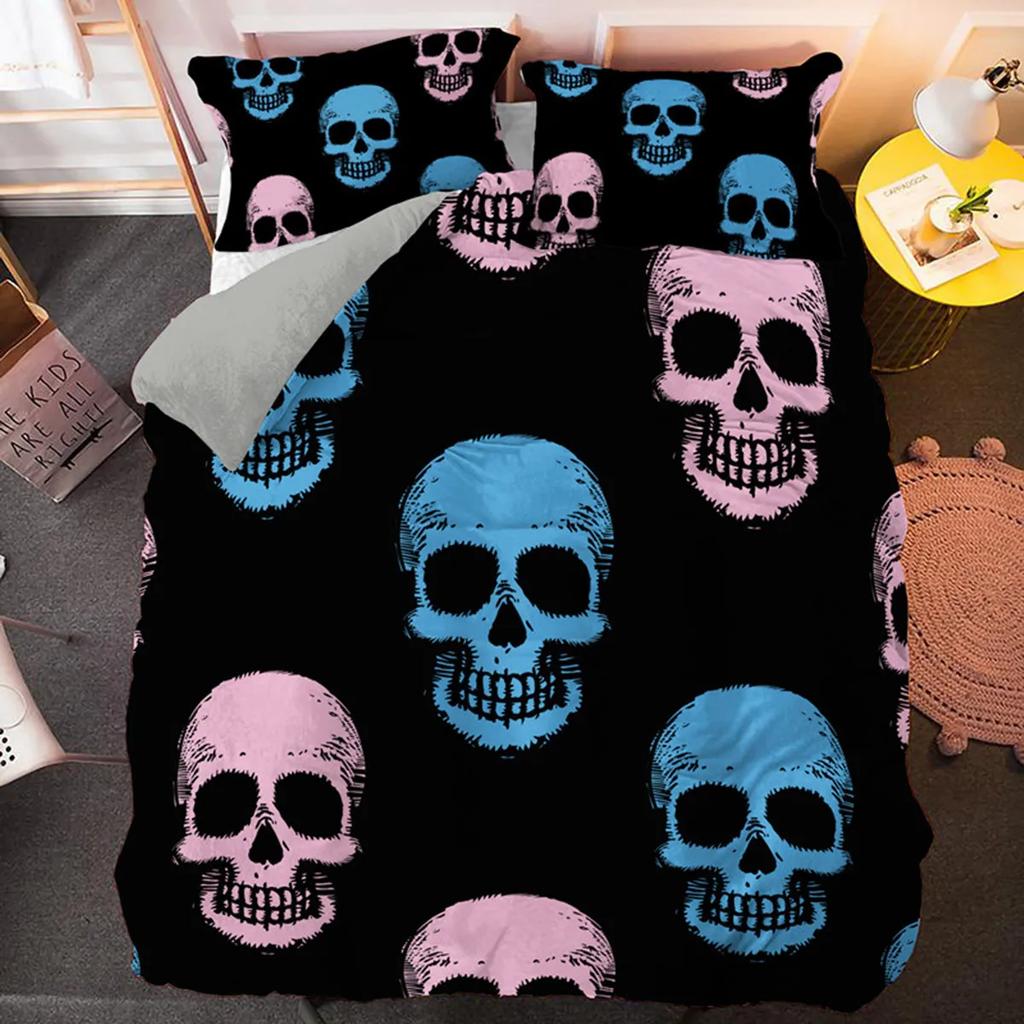 3D Skull Funny Skeleton Smoking Pattern Duvet Cover Halloween Black Skull Theme Bedroom Decoration for Children Teens Women Men