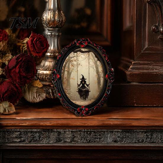 Vintage Halloween Theme Home Ornaments Magnetic Fridge Magnet, Ghost Witch Photo Frame, Wooden Refrigerator Magnets Frame Decoration, Atmospheric Dark