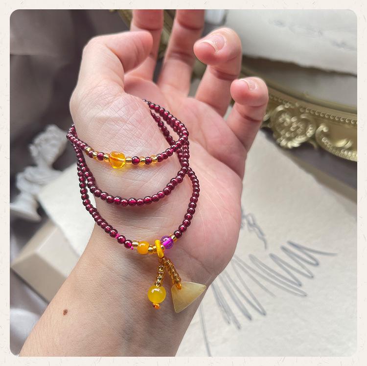 Natural Wine Red Garnet Amber Three-Loop Bracelet for Women - Ancient Hanfu Style Accessories