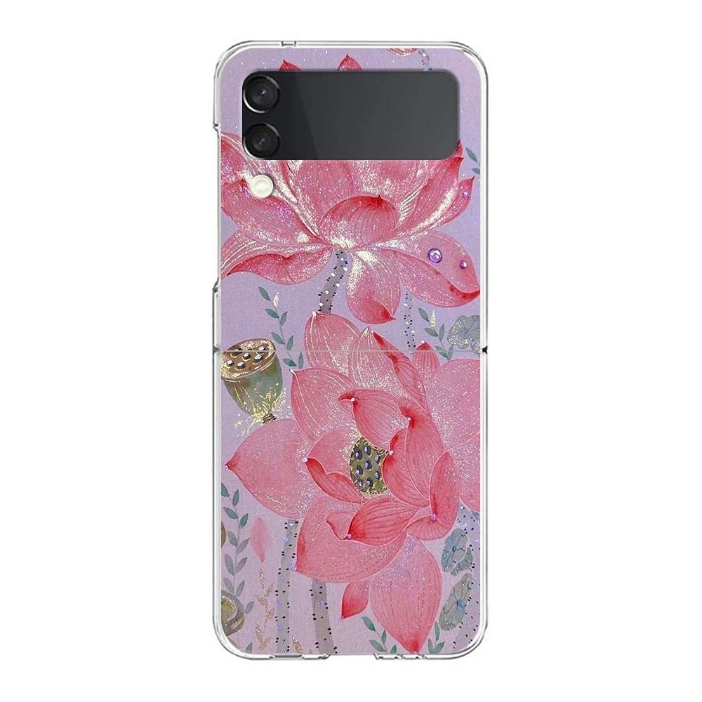 Transparent Phone Case For Samsung Galaxy Z Flip 3 4 5 6 7 Hard Folding PC Z Flip3 Flip4 Cover Flower Cute Fairy Fish Painting