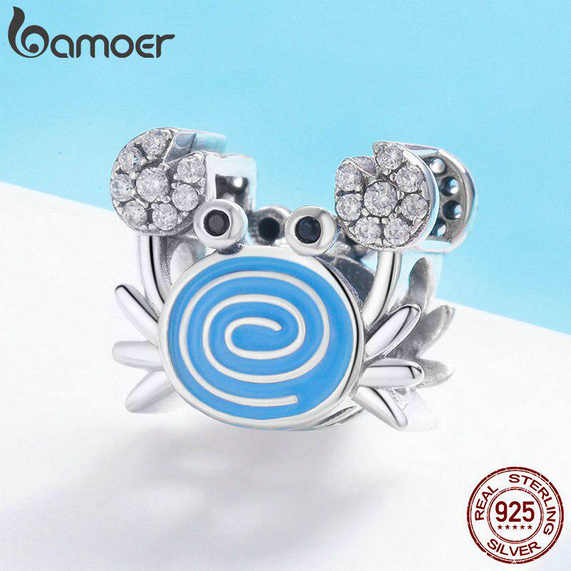 BAMOER Real 925 Sterling Silver Funny Crab Clear CZ Blue Enamel Charm Beads fit Women Bracelets
