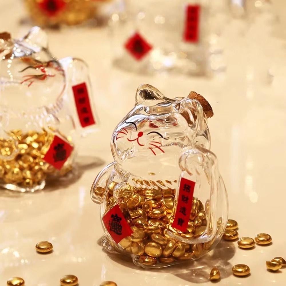 Clear Glass Cat Shape Saving Jar Lucky Cat Gold Bean Container Lucky Cat Piggy Bank  Gift Giving