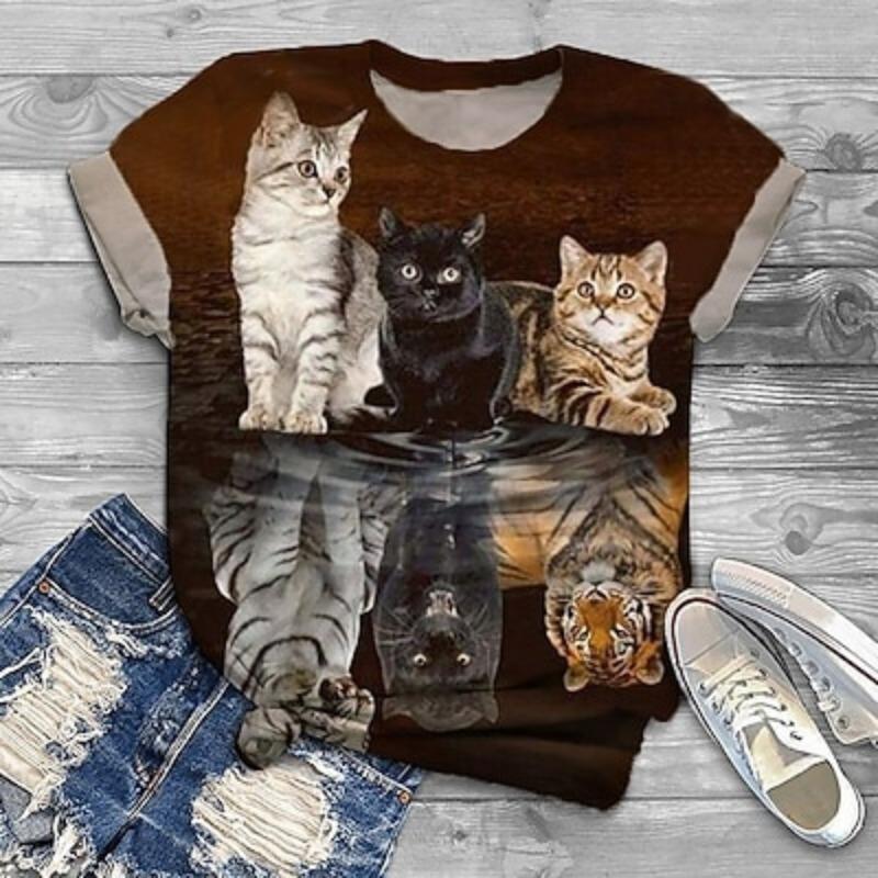 Women's T Shirt Fashion Funny Floral Cat Print Short Sleeve Regular Tops Round Neck Holiday Summer