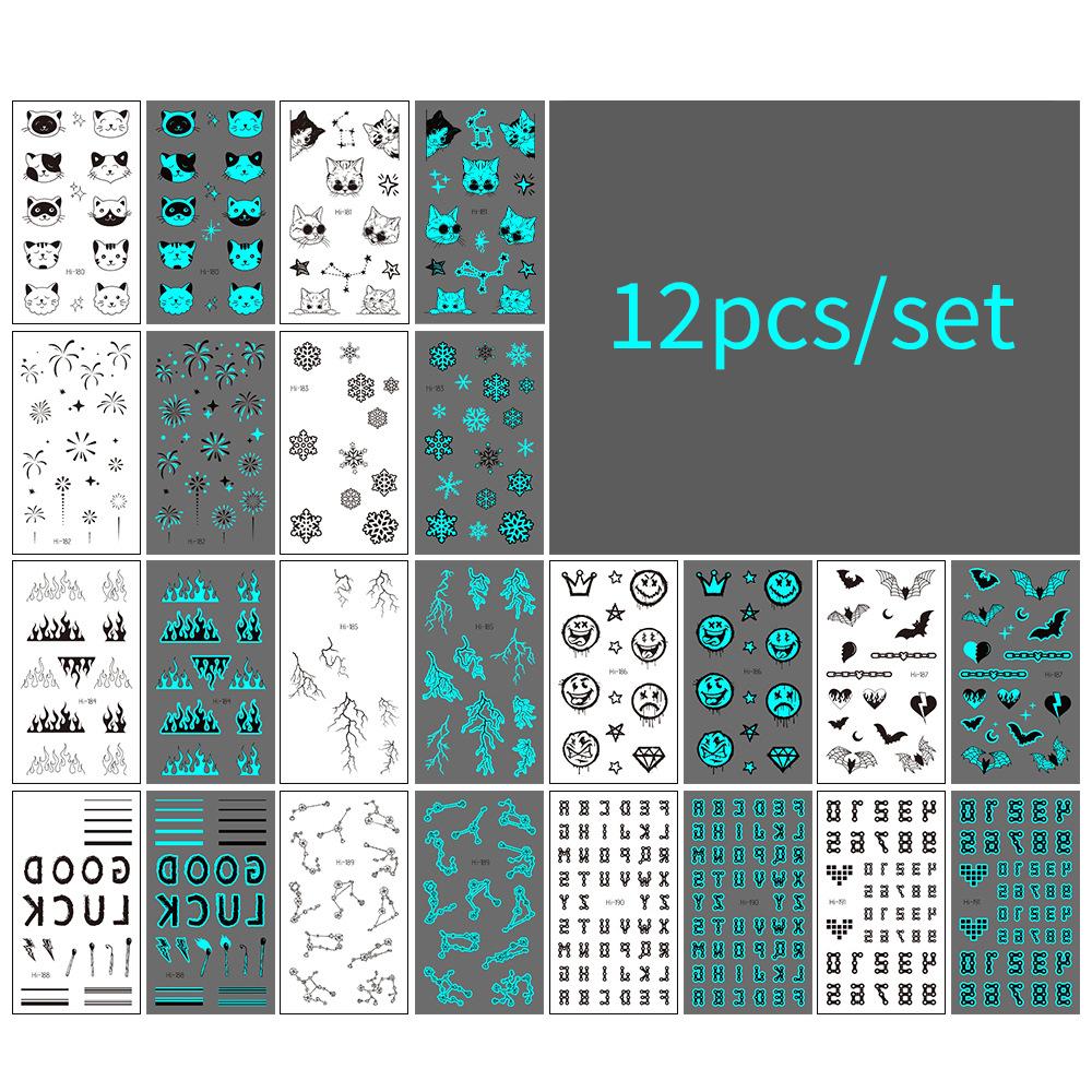 

12 шт./компл. Синий светящийся тату-стикер водонепроницаемый маленький свежий змея бабочка электрический слог вечеринка наклейки набор тату-патчи 16