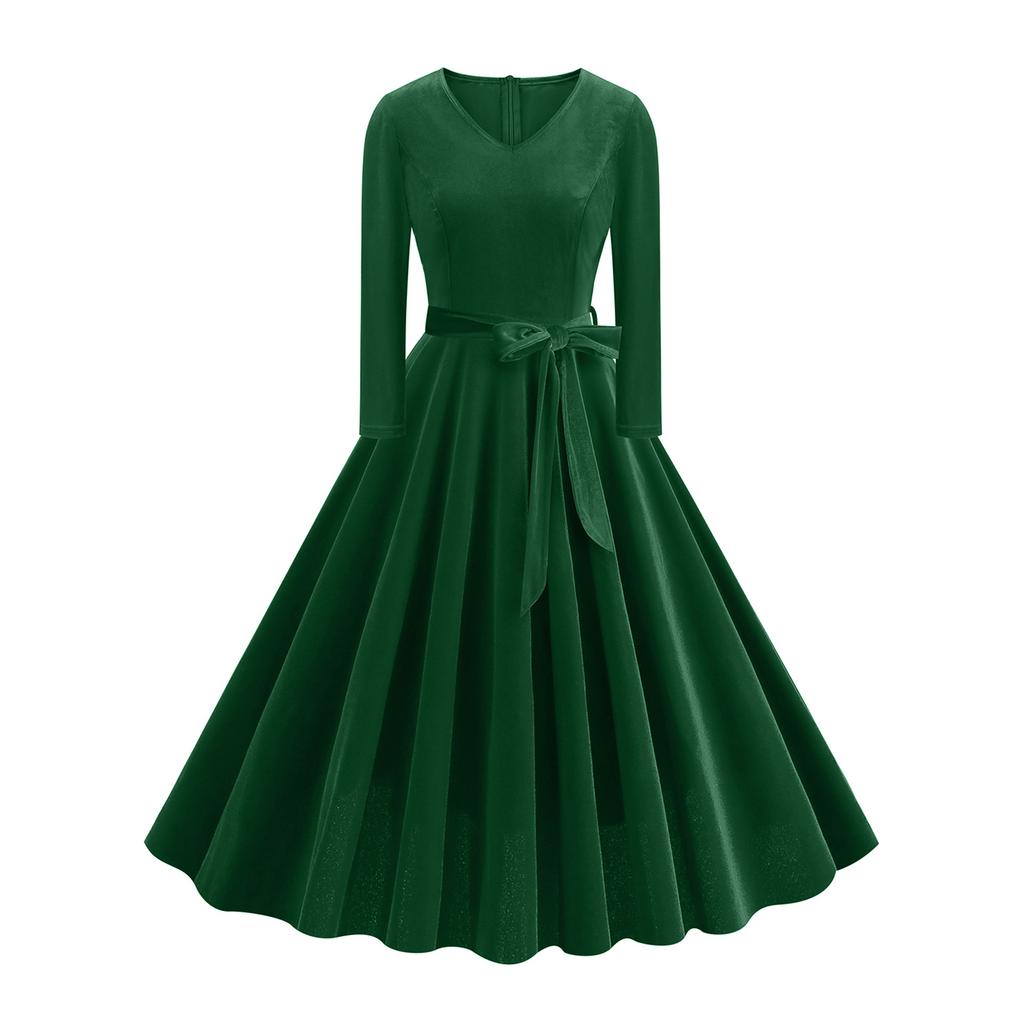 Women's Casual Fashion V-neck Long Sleeved Retro Christmas Print Retro Dress