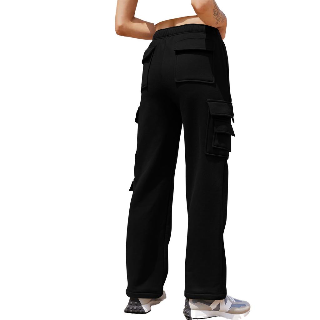 Women's Casual Fashion Solid Color Elastic Waist Drawstring Pockets Wide Leg Straight Pants
