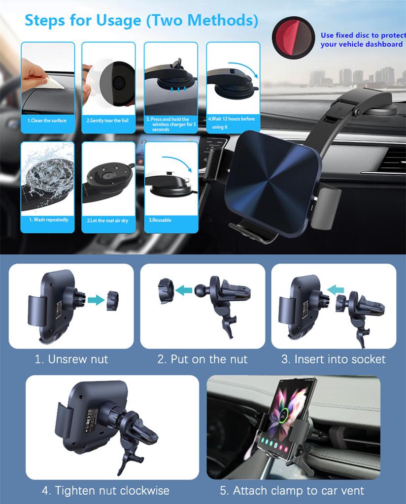 15W Car Wireless Charger Qi Smart Phone Charging Holder For Fold Screen Big Pad