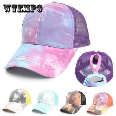 Women's Tie-Dye Baseball Cap, Breathable Mesh Back Trucker Hat with Ponytail Hole, Adjustable Dad Hats for Daily Wear, Travel, Sports