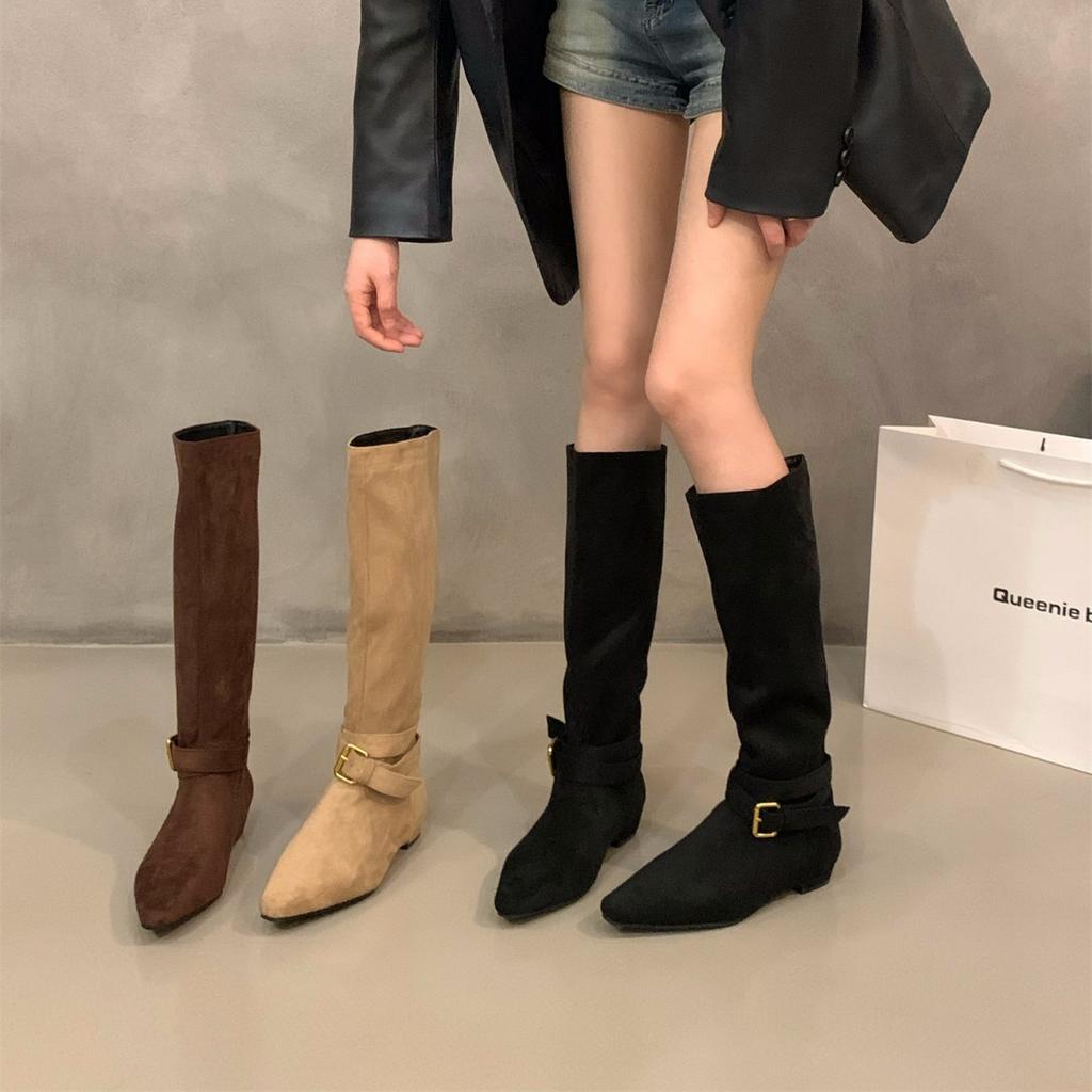 Blockabsatz Kaffee Wildleder Skinny Stiefel Damenstiefel 2025 Neu Herbst und Winter Maillard Mittelhohe Stiefel Stiefel zum Stapeln