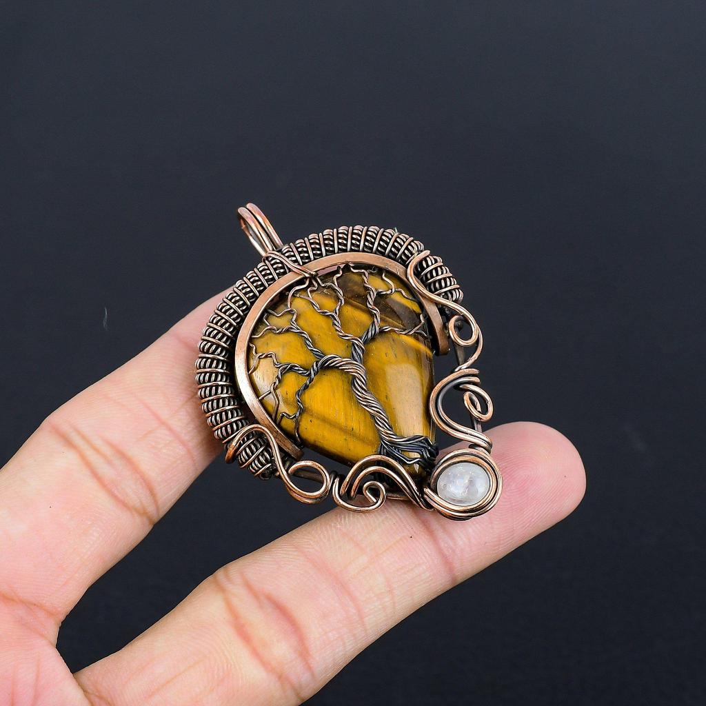 Tiger's Eye 999 Copper Wire Wrapped Pendant, Handmade Gemstone Pendant , Gift For Mom Antique Jewelry