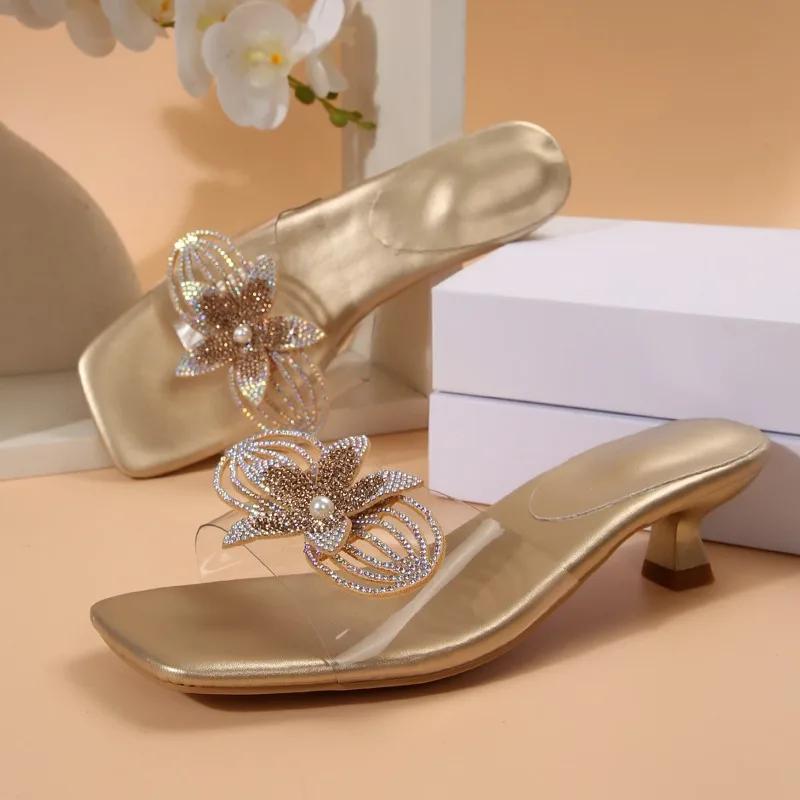 Fashion Fashion Square Toe Open Crystal Clear High Heel Slippers Fairy Summer New Toe Rhinestone Flower Stiletto Sandals