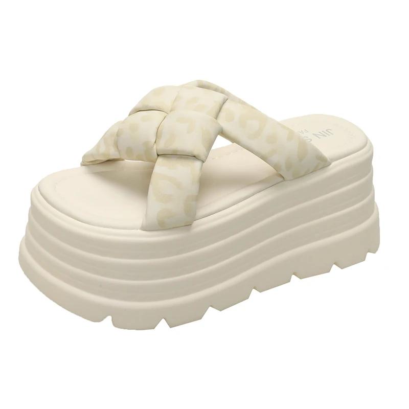 

8CM New Fashion Women Summer Weave Chunky Sandals Wedge Platform High Heels Slippers Woman Thick Bottom Slides Beach Slippers 34 бежевый
