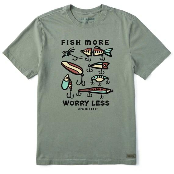 

Life is Good. Men s Vintage Fish More Worry Less Crusher Tee, Moss Green XL