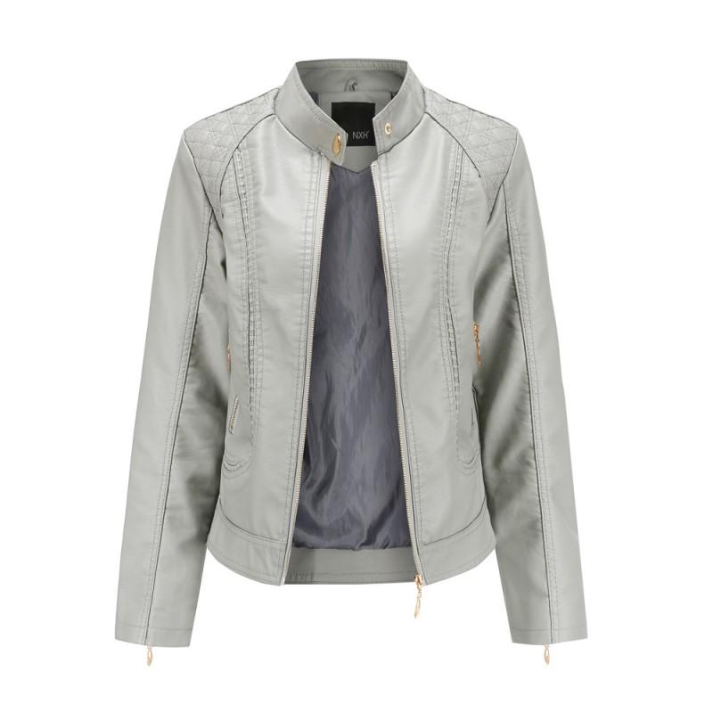 Womens PU Leather Jacket Slim Fit Stand Collar Plus Size Fashion Outerwear Daily Wear