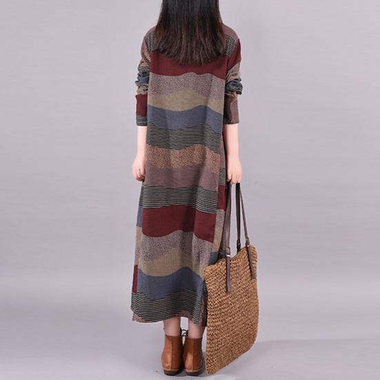 Women's Long Sleeve Cotton Linen Maxi Dress Vintage Bohemian Printed Patchwork Crew Neck Dress Fall Loose Outfit