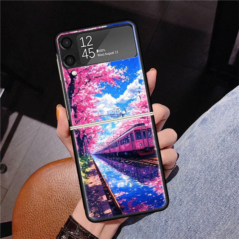 

Retro Japanese Sakura Train Phone Case For Samsung Z Flip 7 6 5 4 3 Galaxy ZFlip7 ZFlip6 ZFlip5 ZFlip4 ZFlip3 5G Print Cover Samsung Z Flip 4