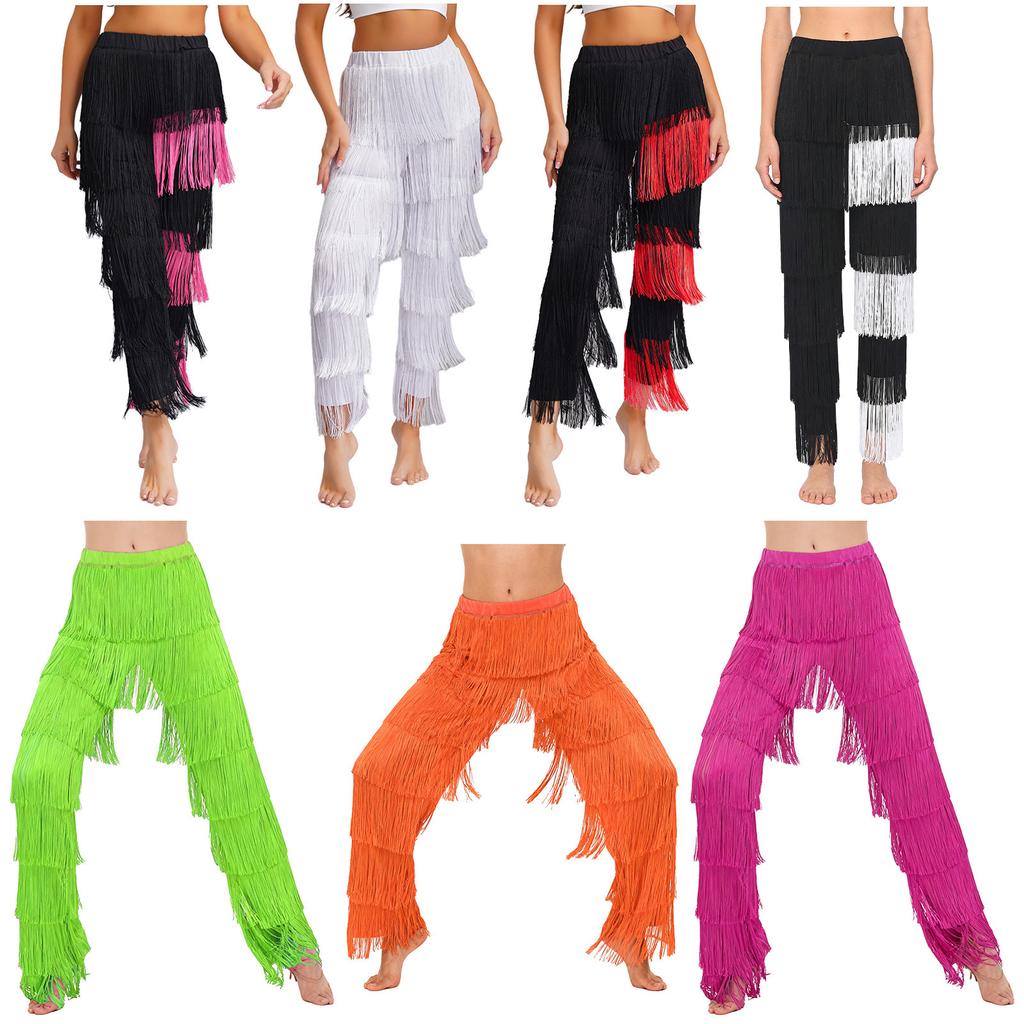 Womens Latin Dance Fringe Pants Elastic Waistband Contrast Color Tassel Trousers Cha Cha Tango Rumba