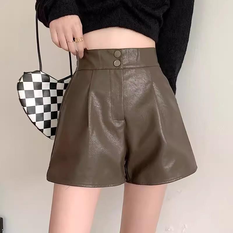 Women's PU Leather High-Waist A-Line Bootcut Shorts, Slimming Loose Fit, Casual Autumn 2025 Collection.