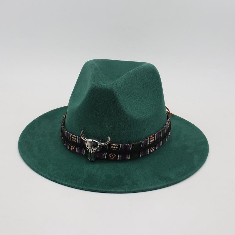 

Wind Western Cowboy Hat Horn Woolen Jazz Top Hat Men And Women S Ethnic Style Felt Hat Big Eaves Hat One size fits all [j flat eaves]