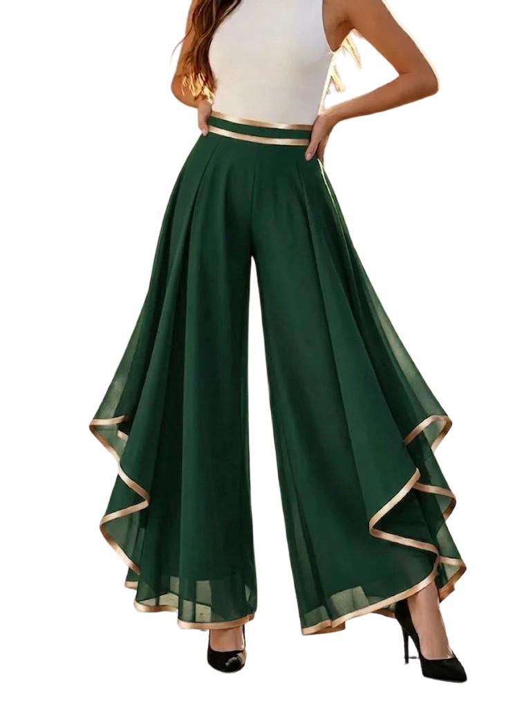 

High Waist Wide Leg Pants Layered Chiffon Trousers with Contrast Trim and Casual Loose Fit for Women XL