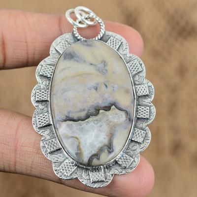 925 Silber Oval Mexikanischer Laguna Spitzenachat Stein Hochzeit Art Deco Anhänger Schmuck