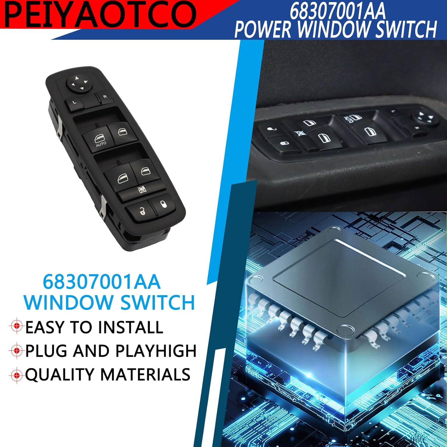 Power Window Switch 14+6 pins Fits for 2017 2018 2019 Dodge Journey Front Left Driver Side 68307001AA 68307001AB,68307001AC