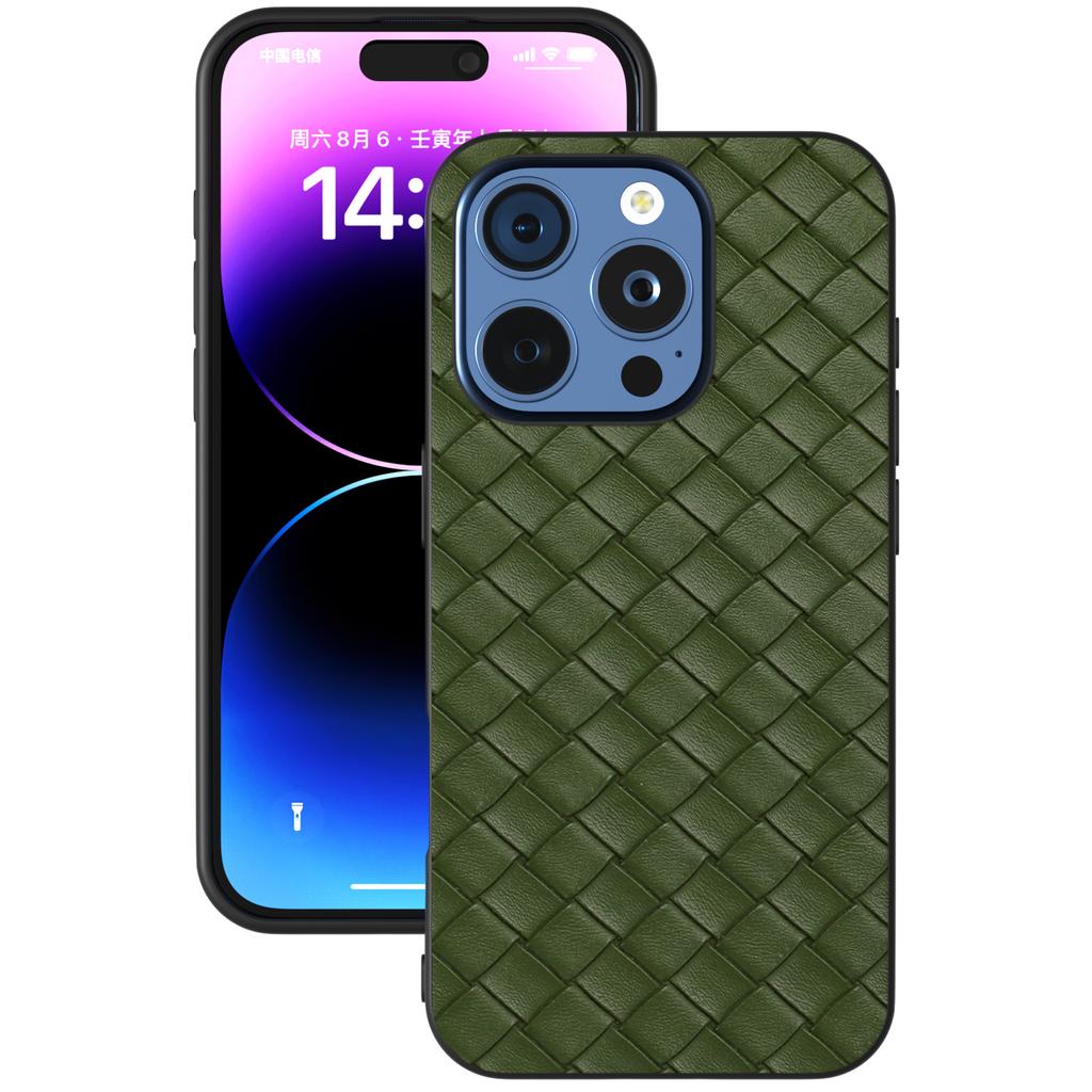 For iPhone 16 Pro Max Case Woven Texture PU Leather Coated PC+TPU Mobile Phone Cover