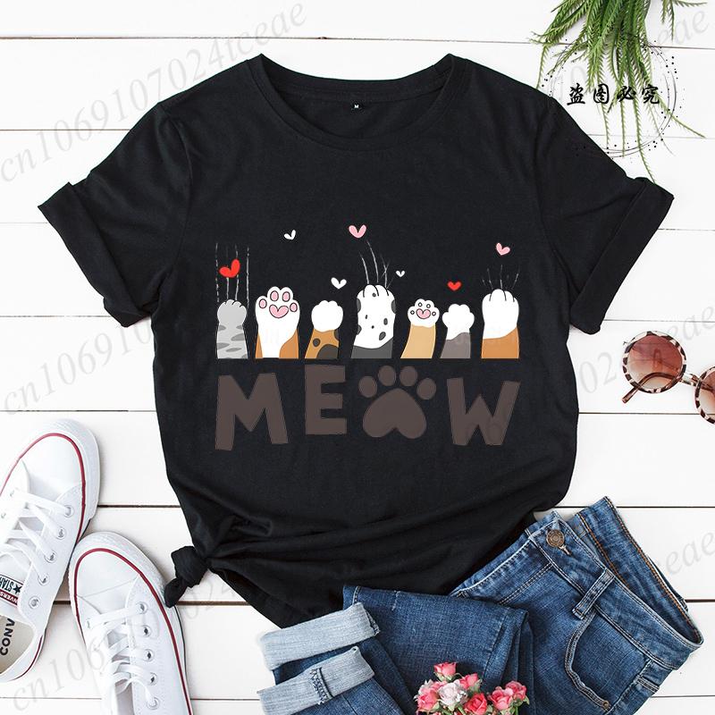 

Новая Мода Женская Футболка Пуловер Корейская Версия Мультяшный Принт Группы Кошек Футболка Летняя Повседневная Футболка с Коротким Рукавом Парная Футболка 3XL