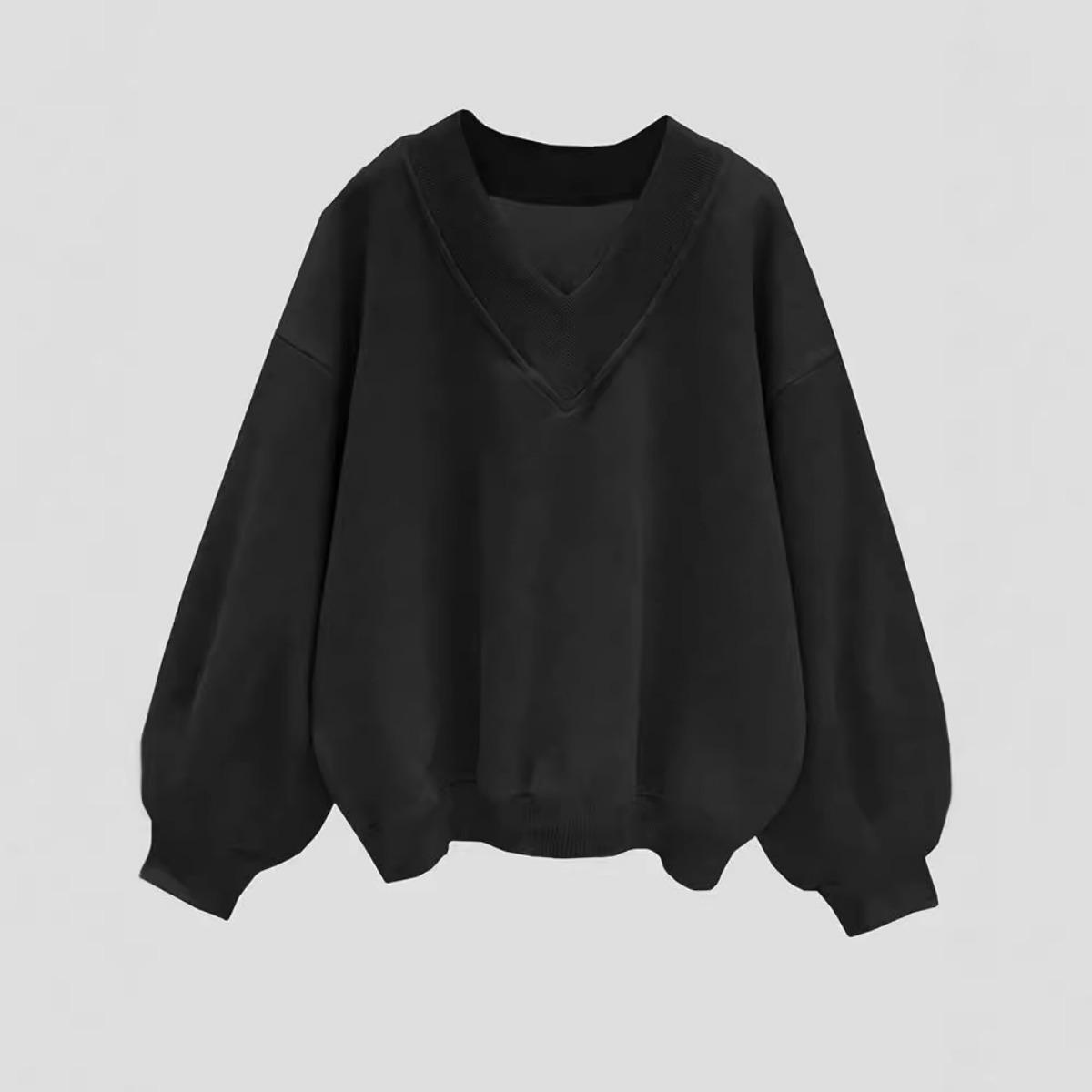 Осеннее серое худи с длинными рукавами, корейский повседневный свободный топ с V-образным вырезом, удобное повседневное худи XS чёрный