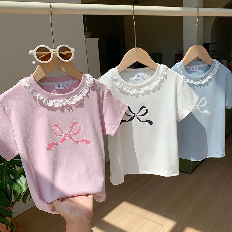 Girls' Casual Cotton Short-sleeved T-shirt For Summer, Cute Little Bow T-shirt For Children