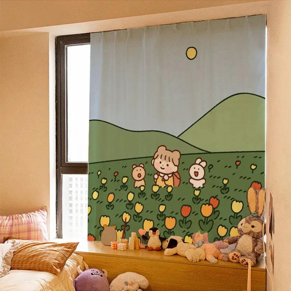 Kawaii Ins Curtain Fabric Punch-free Short Curtain Cartoon Curtains Self-adhesive Wall Cloth for Window Shading