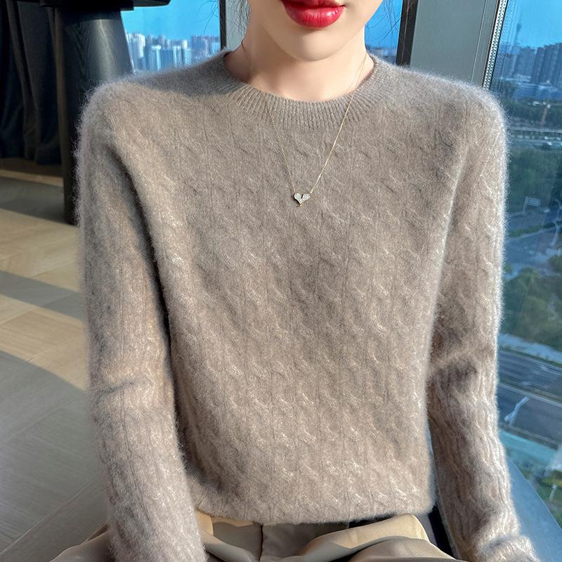 Women's Cashmere Sweater - Autumn Winter Solid Color Jacquard Round Neck Loose Knit