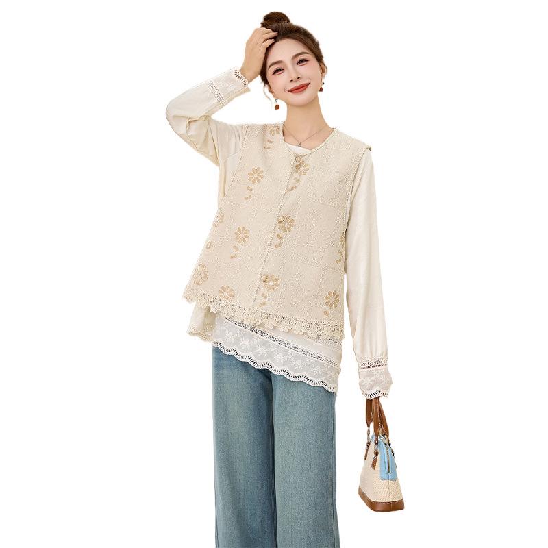 Spring 2025 Women's Lace Patchwork Shirt and Embroidered Cardigan Vest Set