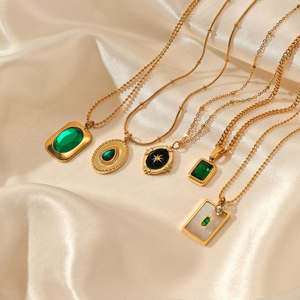 French Vintage Emerald Necklace Geometric Mother Of Pearl Inlay Titanium Steel Pendant Women Jewelry Gift