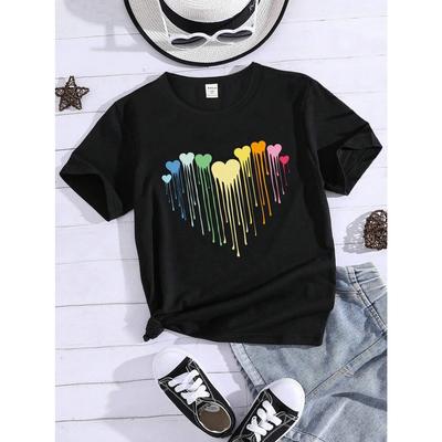 Buntes Liebes-Cartoon-Print-T-Shirt mit Rundhalsausschnitt Sommer-Oberteile für Jungen und Mädchen Kurzarm Einfacher und vielseitiger Stil T-Shirt